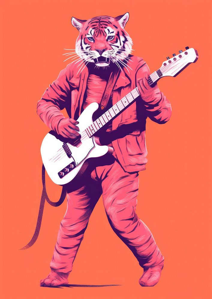 Illustration minimal of a tiger playing guitar representation performance creativity.
