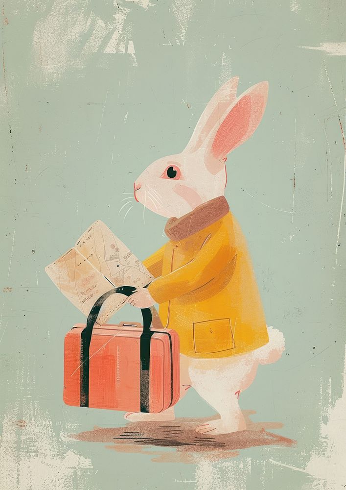 Rabbit hold map and suitcase animal art painting.