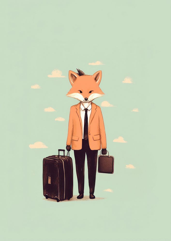 Little fox carrying suitcase briefcase standing portrait.