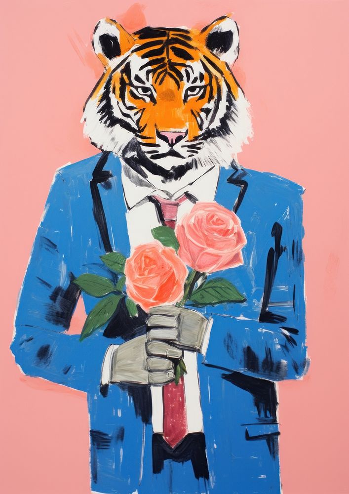 Tiger wearing suit holding flower bouquet art painting rose.
