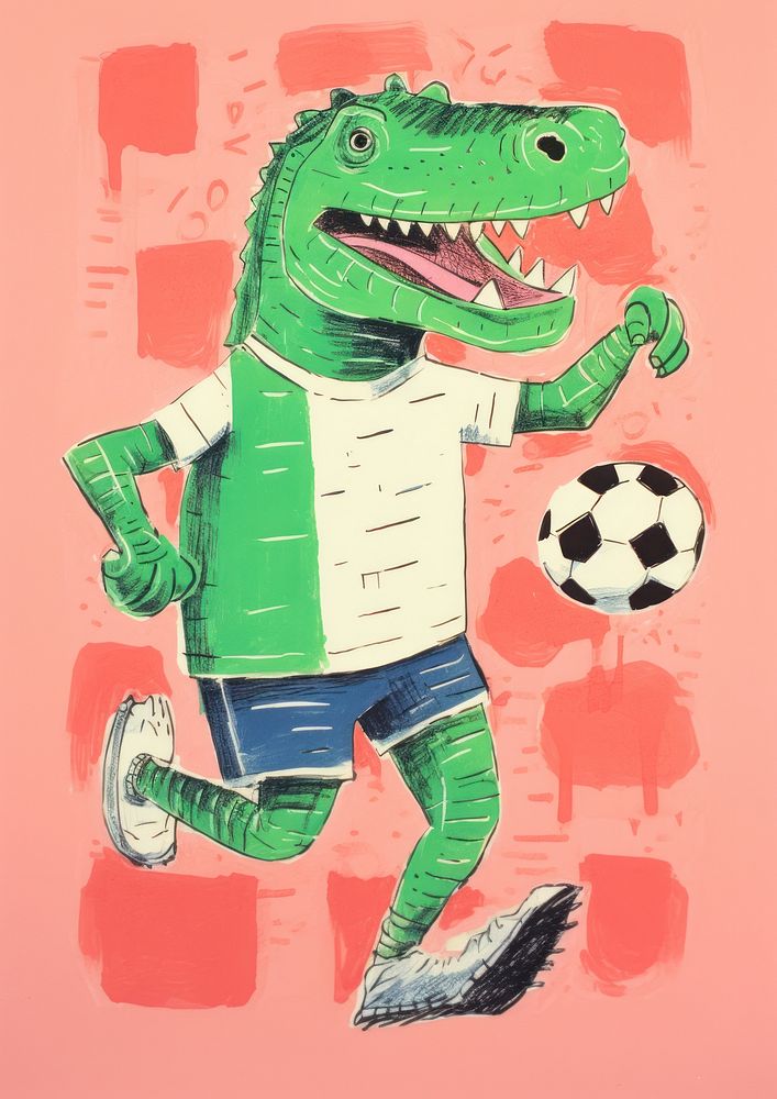 Crocodile playing soccer art football sports.