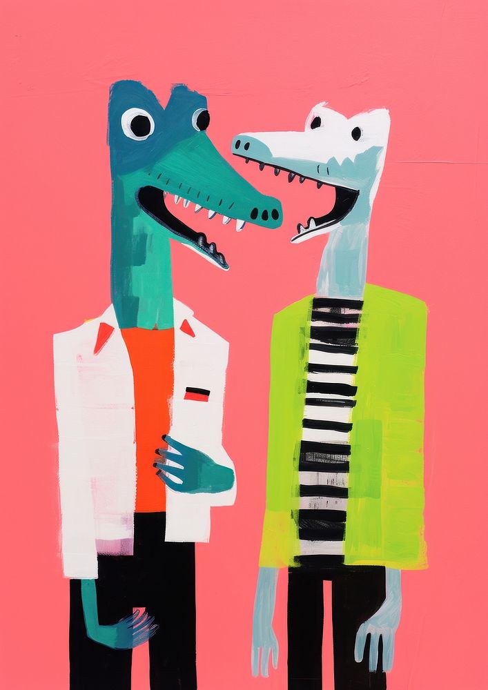 Crocodile and fox take a selfie together art painting animal.