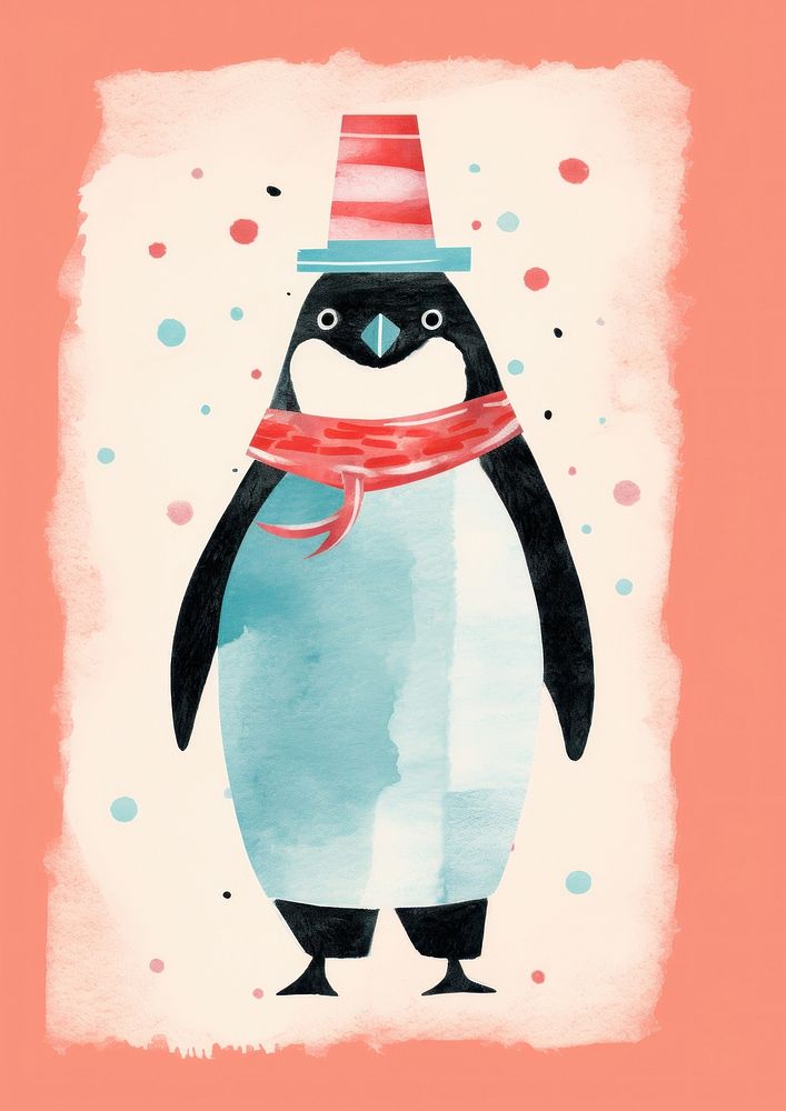 Penguin wear hat chef cooking fish winter animal art.