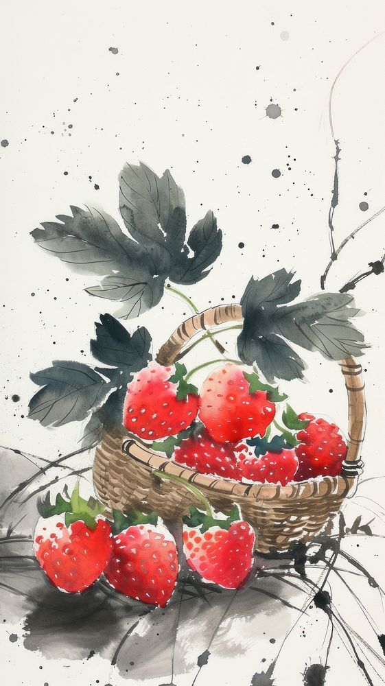 Strawberry painting basket fruit.