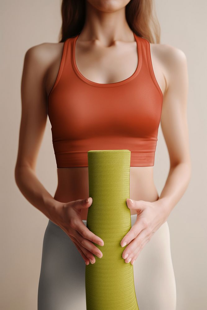 Woman in orange sports bra holding dull green yoga mat
