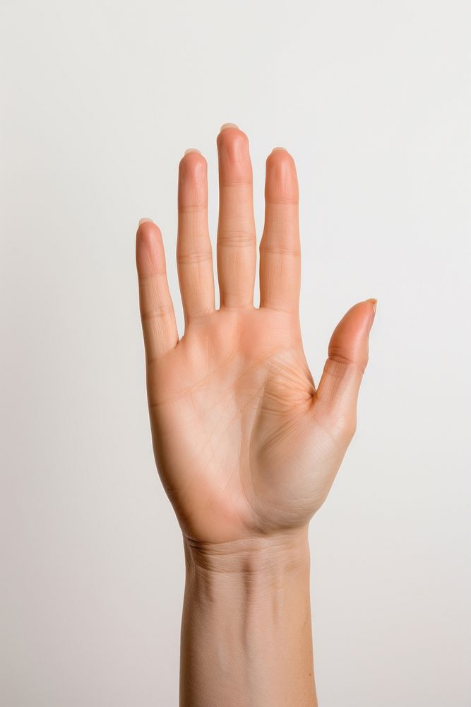 A female hand palm finger white background gesturing.