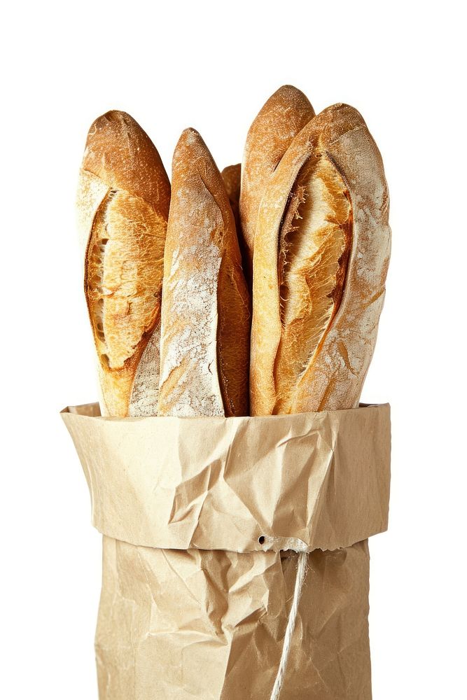 A fresh baguette in a paper bag bread food white background.