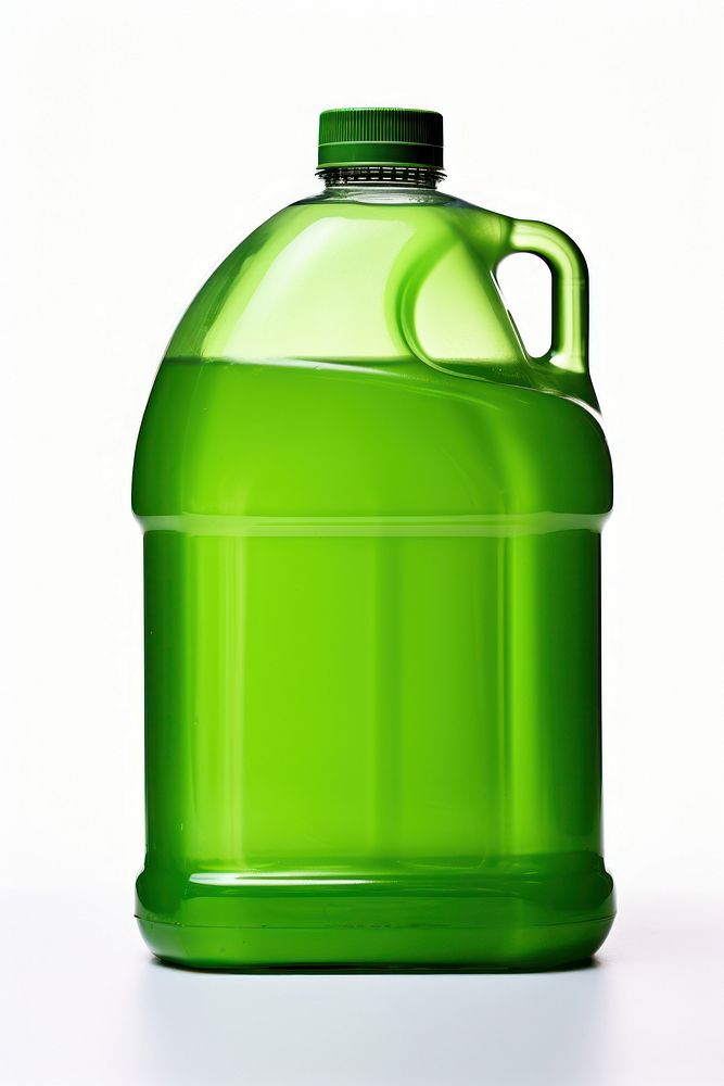 A Green Commercial Dishwashing Detergent bottle green white background.