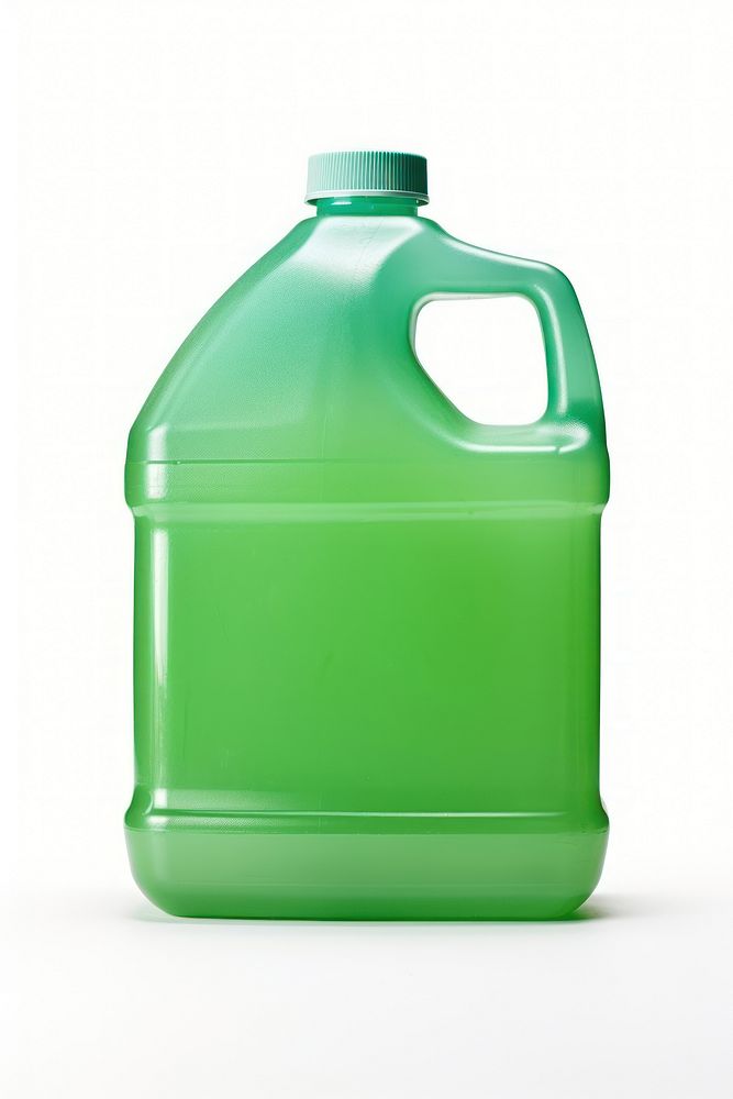 A Green Dishwashing Detergent bottle green white background.