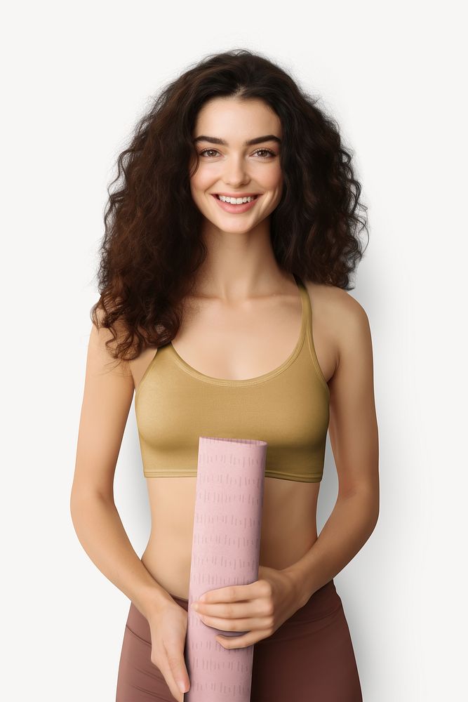 Happy woman holding yoga mat