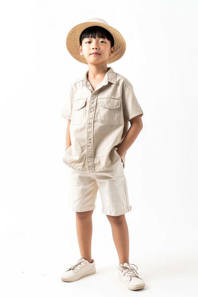 Asian boy wearing summer fashion child khaki white background.