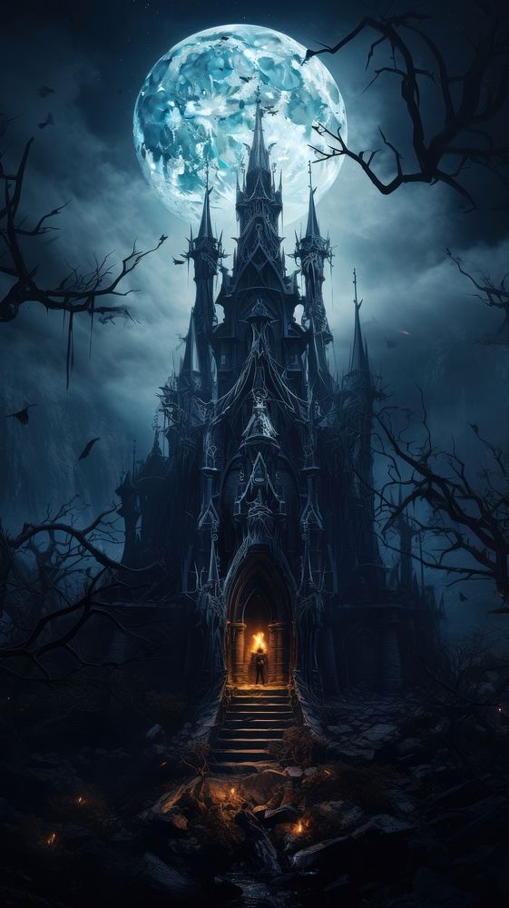  Dark gothic style church outdoors night moon. 