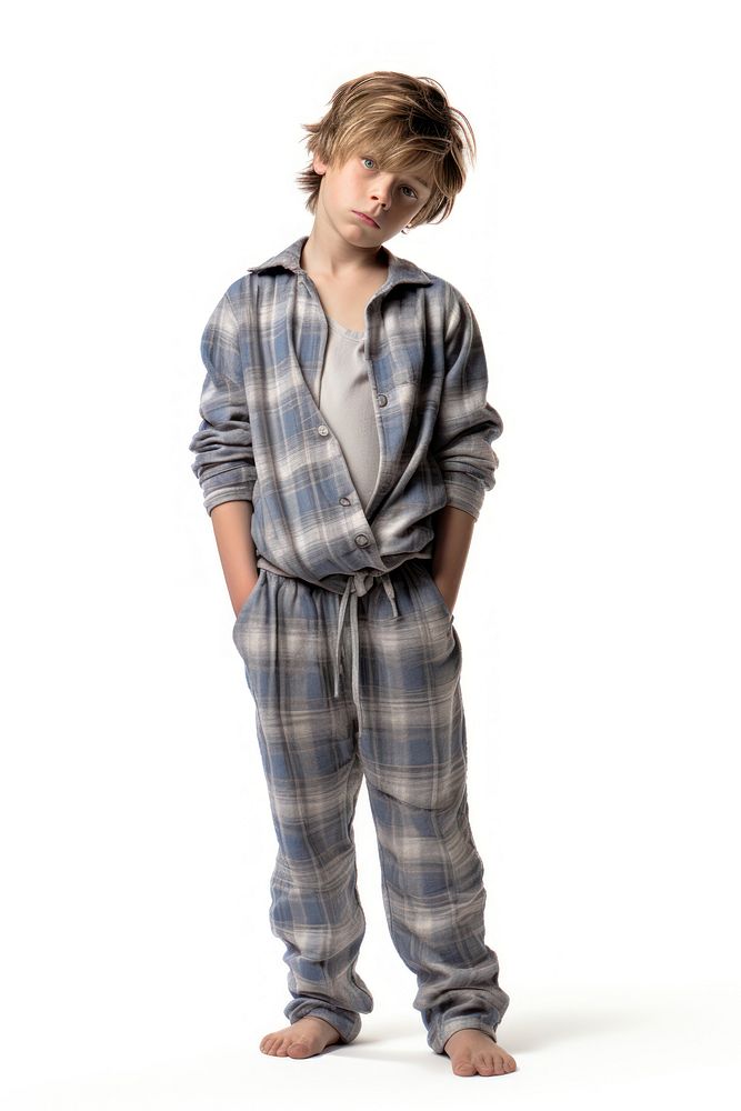 A boy in pajamas white background outerwear portrait.