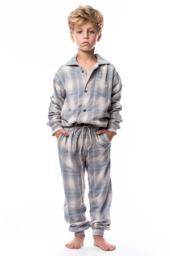 A boy in pajamas white background sweatshirt relaxation.