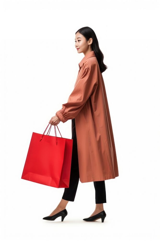 Big shopping bags asia woman overcoat handbag.