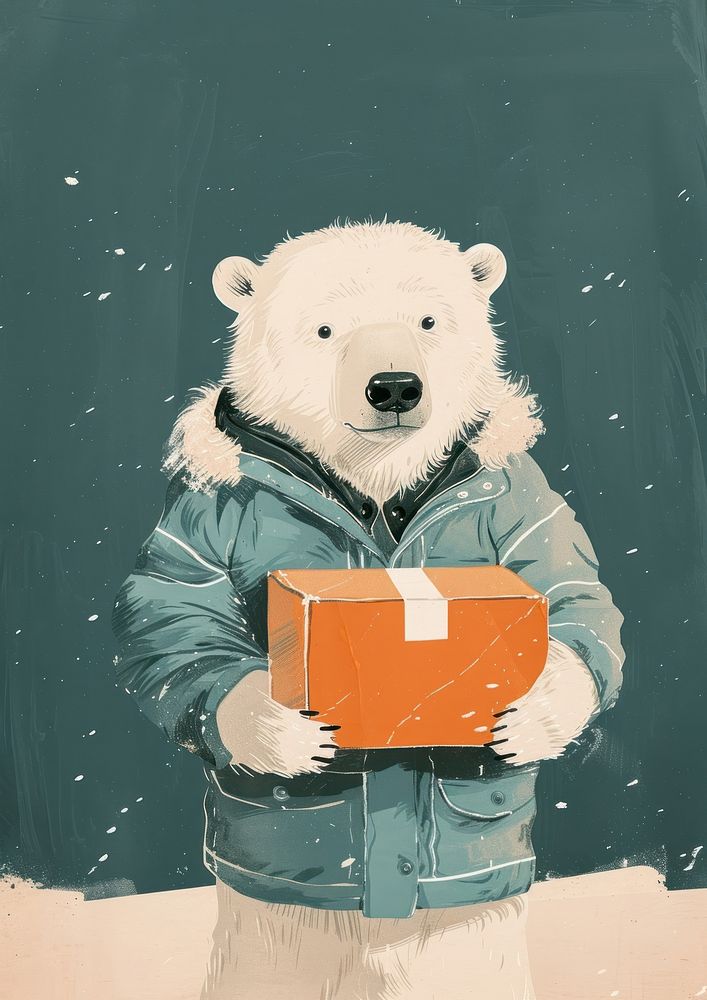 Polar bear wear jacket and holding a box mammal animal art.