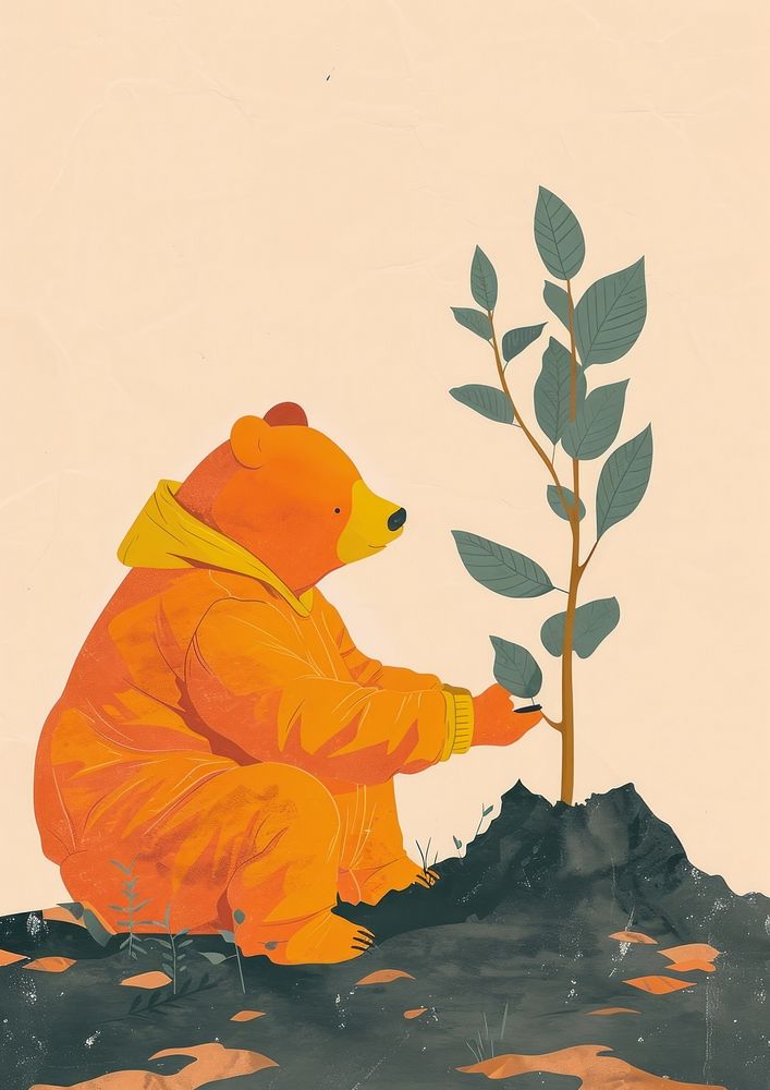 Bear wear farmer custom and plant a tree outdoors painting drawing.