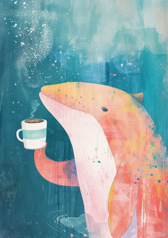 Whale holding coffee cup art painting animal.