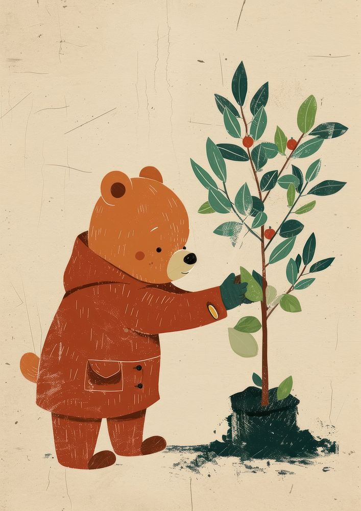 Bear wear farmer custom and plant a tree art outdoors nature.