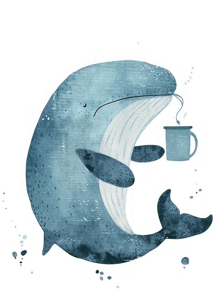 Whale holding coffee cup drawing sketch animal.