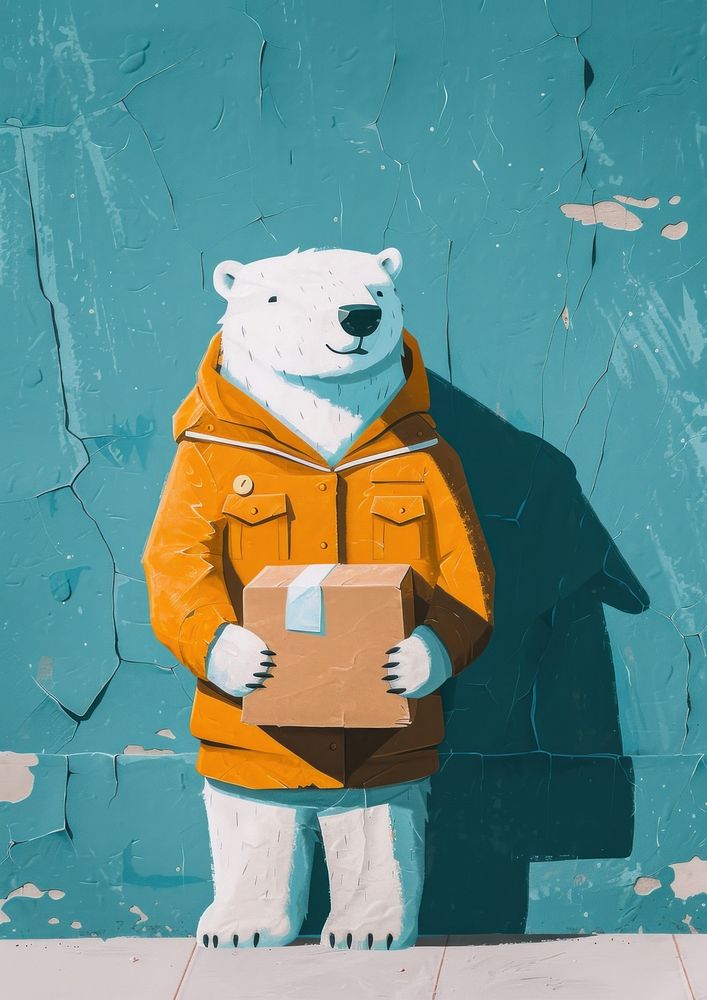 Polar bear wear jacket and holding a box art representation architecture.