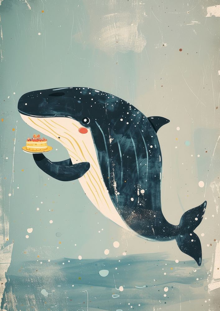 Whale holding cake animal fish art.