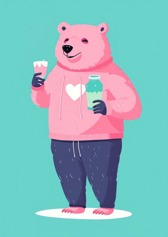 Bear character illustration holding drink in party representation technology creativity.