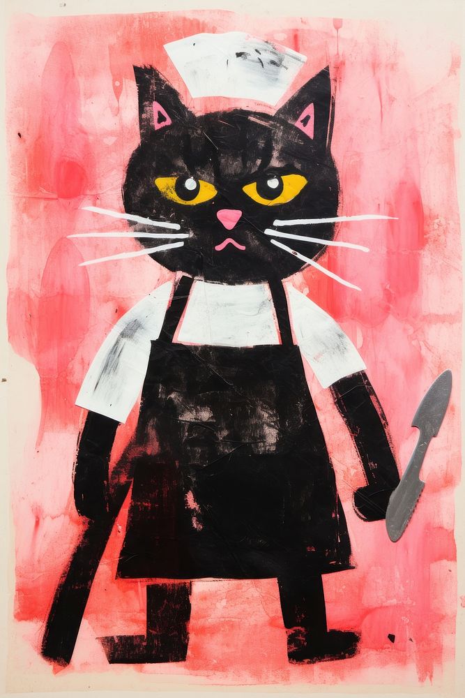 Black cat in chef outfit animal art painting.