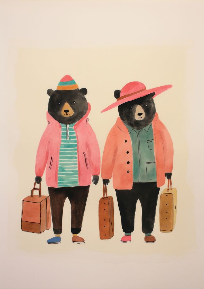 Couple bear traveler character mammal art representation.