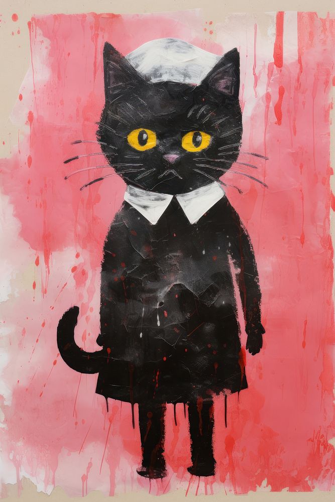 Black cat in chef outfit animal art painting.