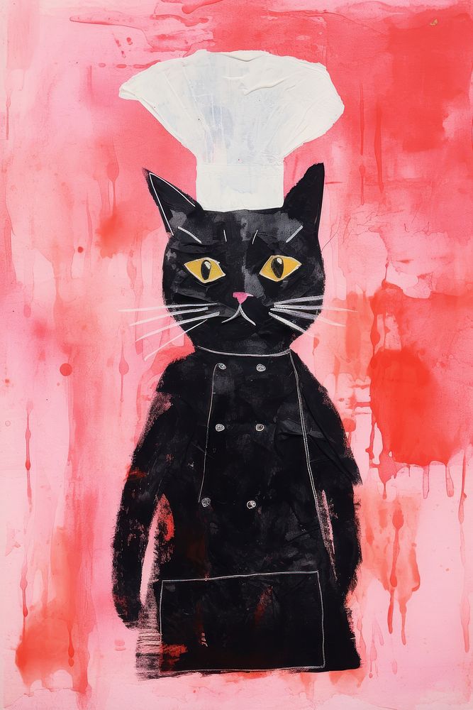 Black cat in chef outfit art painting mammal.