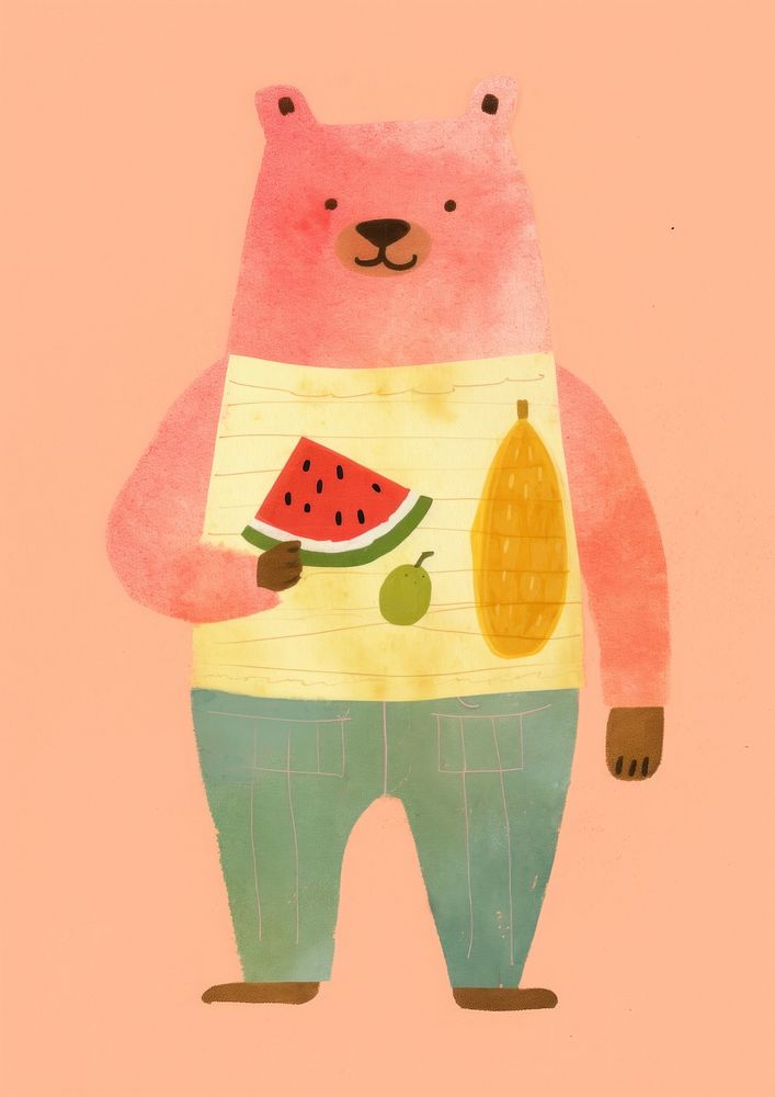 Bear character illustration holding food fruit art representation.