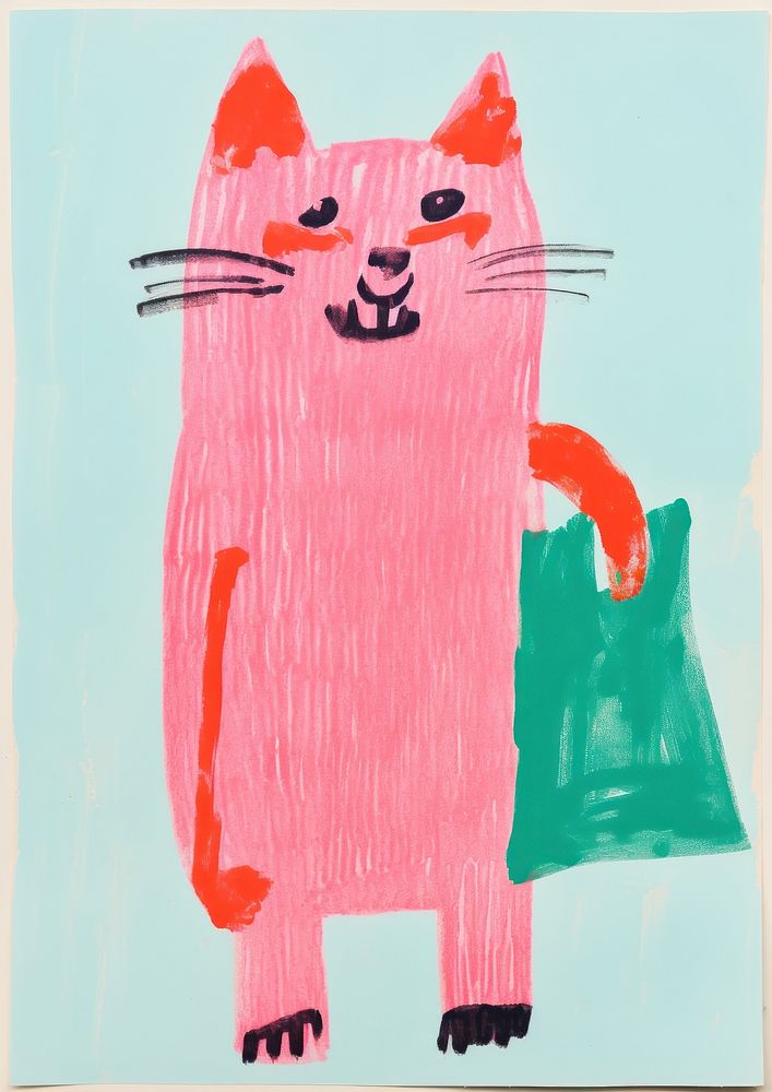 Fashioned cat holding a shopping bag animal art painting.