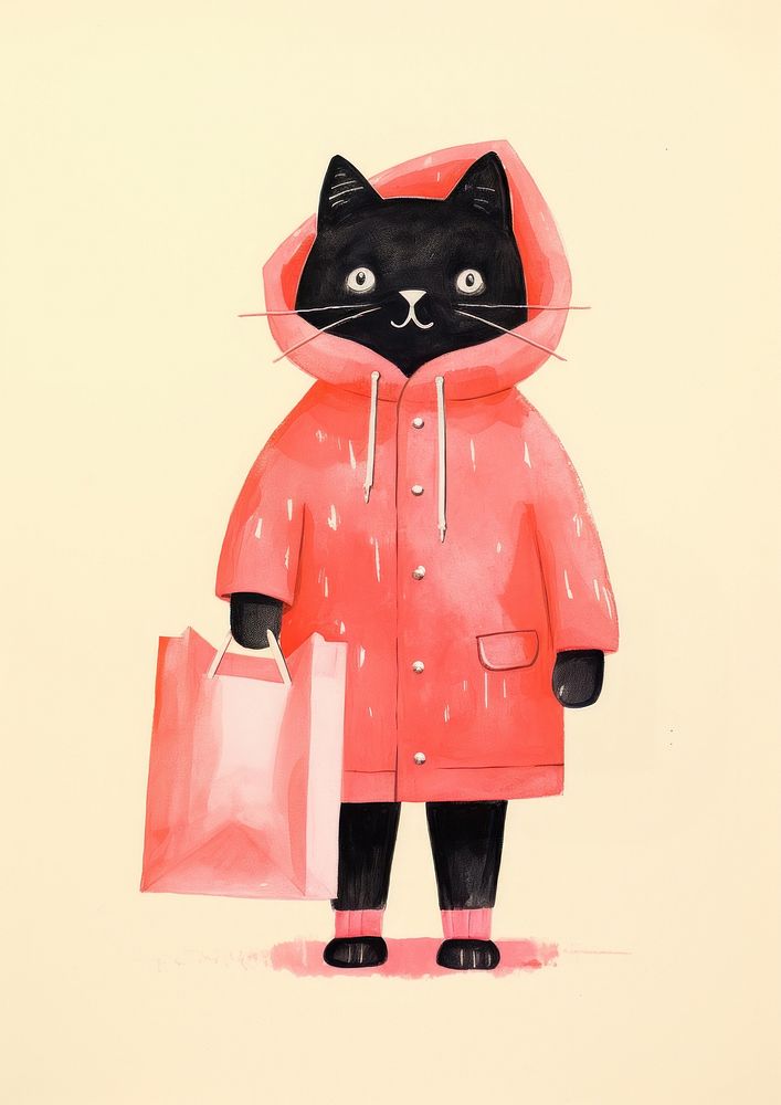 Cat in winter coat holding a shopping bag art representation carnivora.