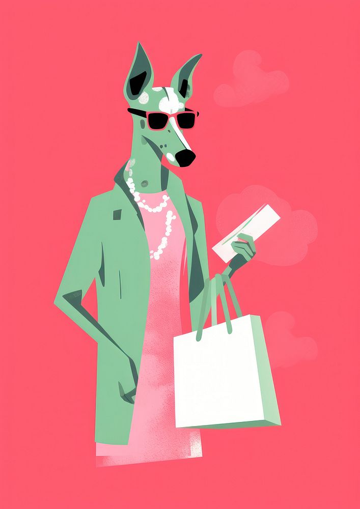 Fashioned flamingo holding a shopping bag adult consumerism accessories.