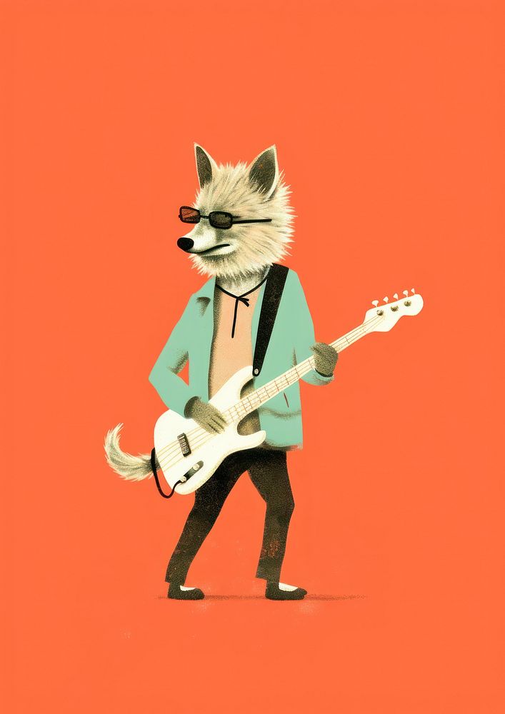 Fox playing bass cartoon guitar animal.