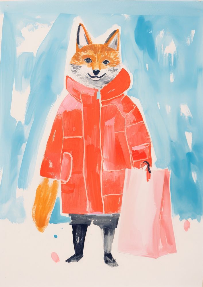 Cat in winter coat holding a shopping bag animal adult art.