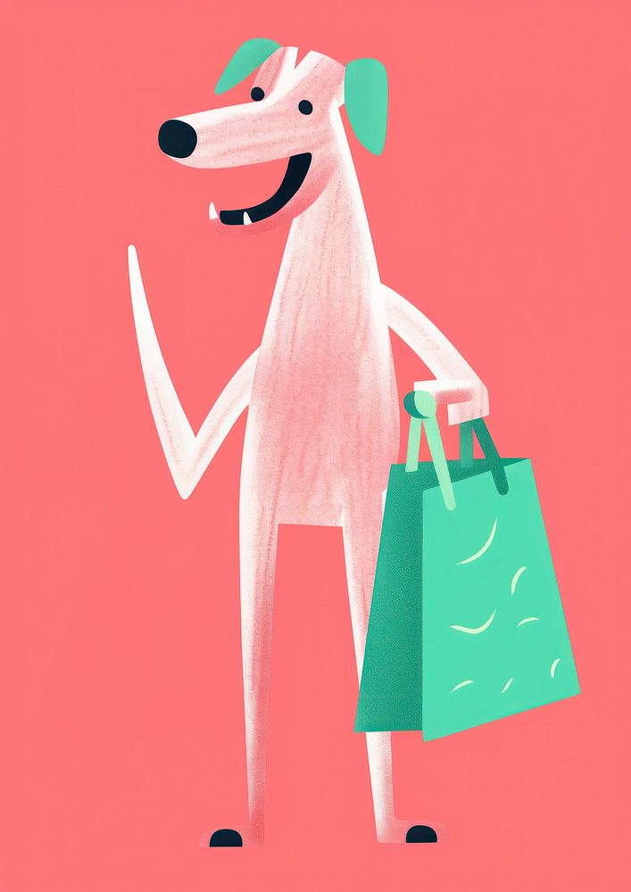 Fashioned flamingo holding a shopping bag dog representation consumerism.