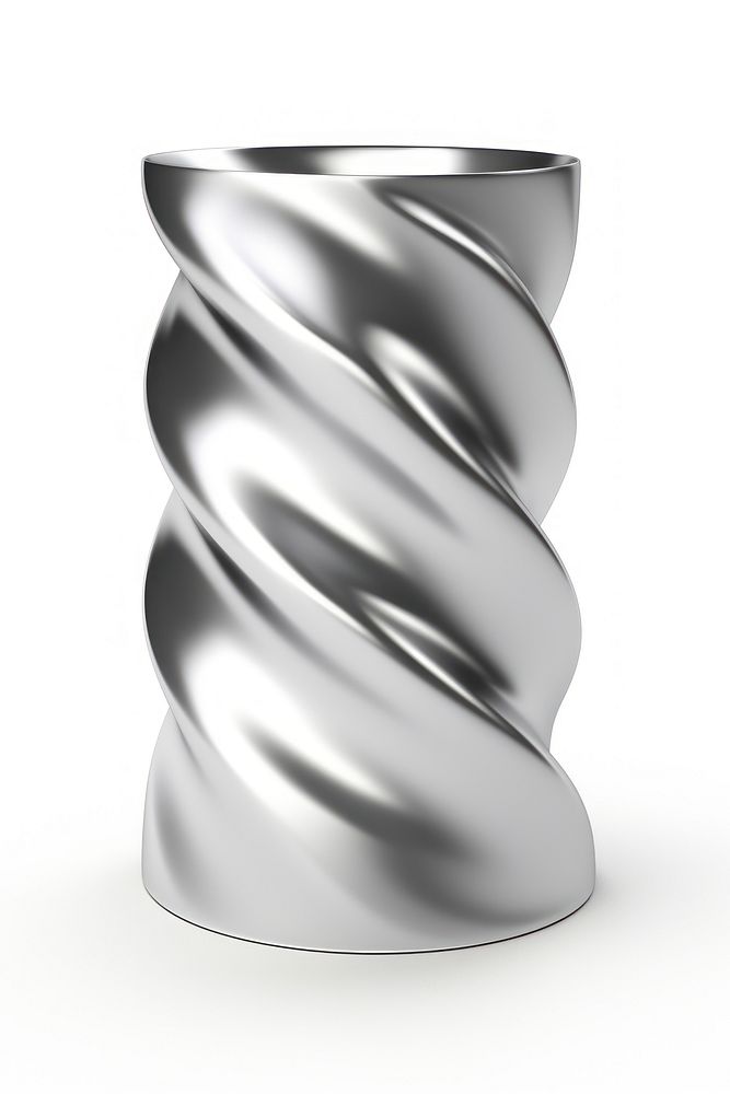 Twisted cylinder chrome material silver shiny white background.