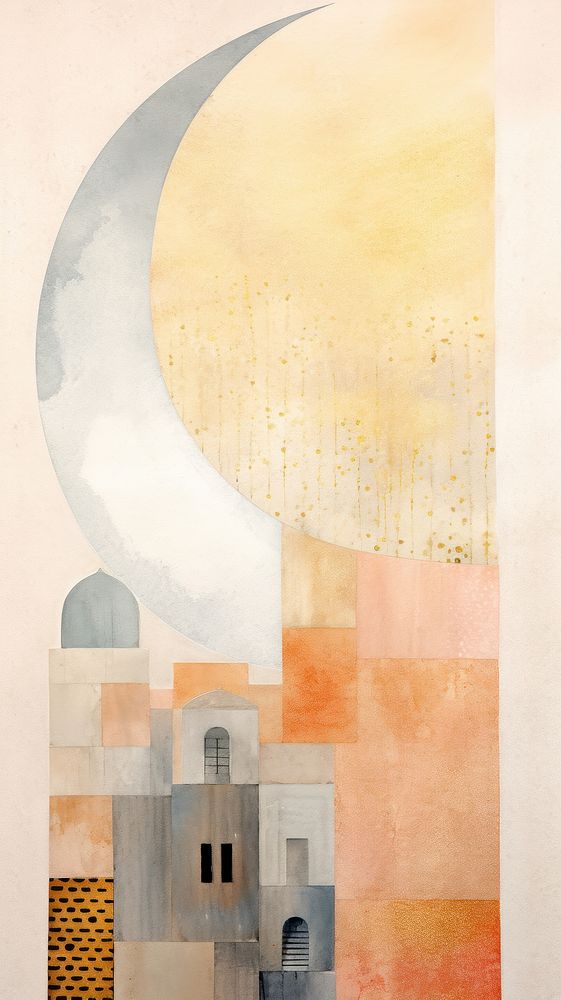 Mosque and moon painting art architecture. AI generated Image by rawpixel.