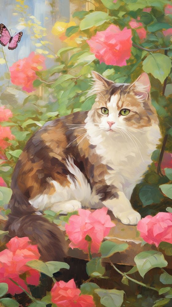 A cat with butterfly in the garden painting geranium blossom.