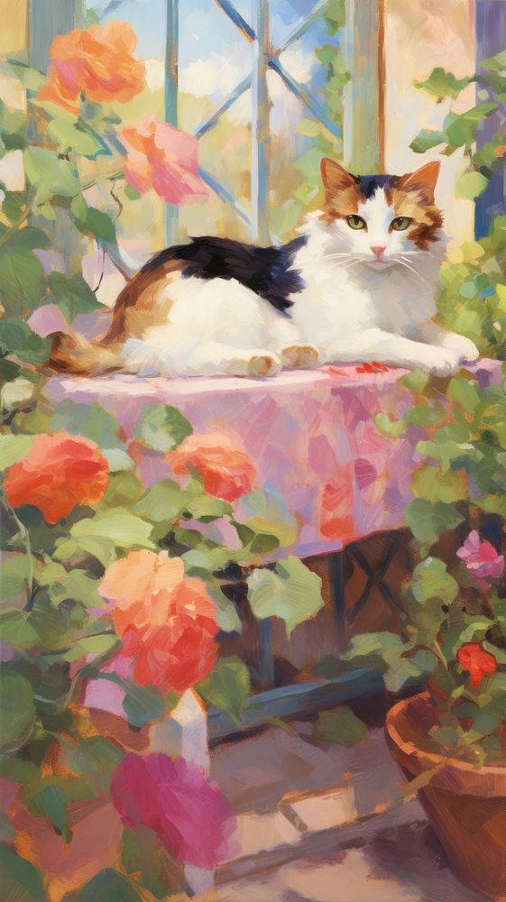 A cat in the garden painting geranium blossom.