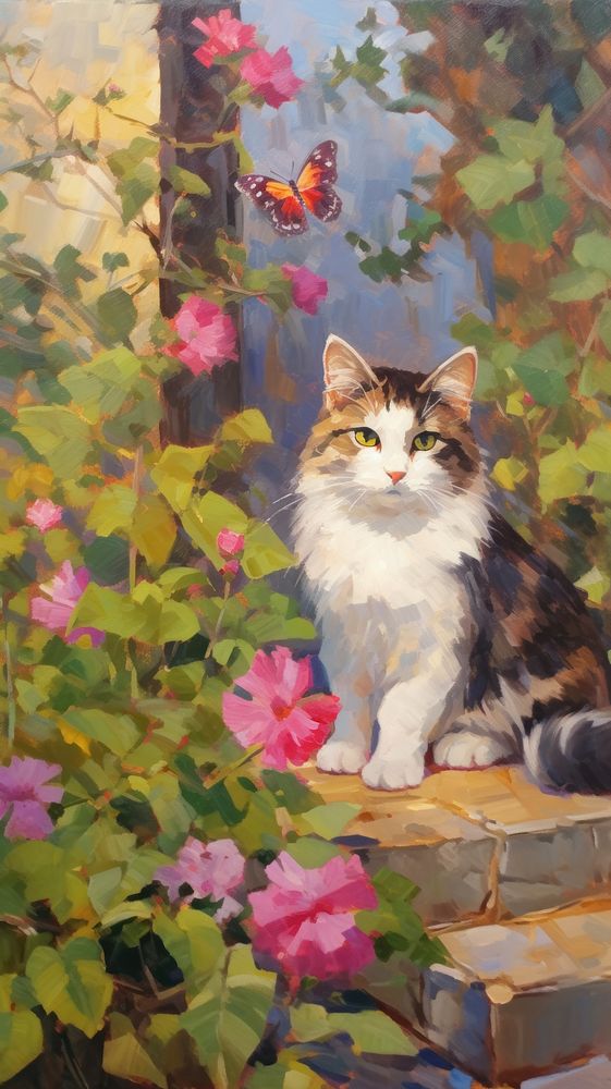 A cat with butterfly in the garden painting geranium blossom.