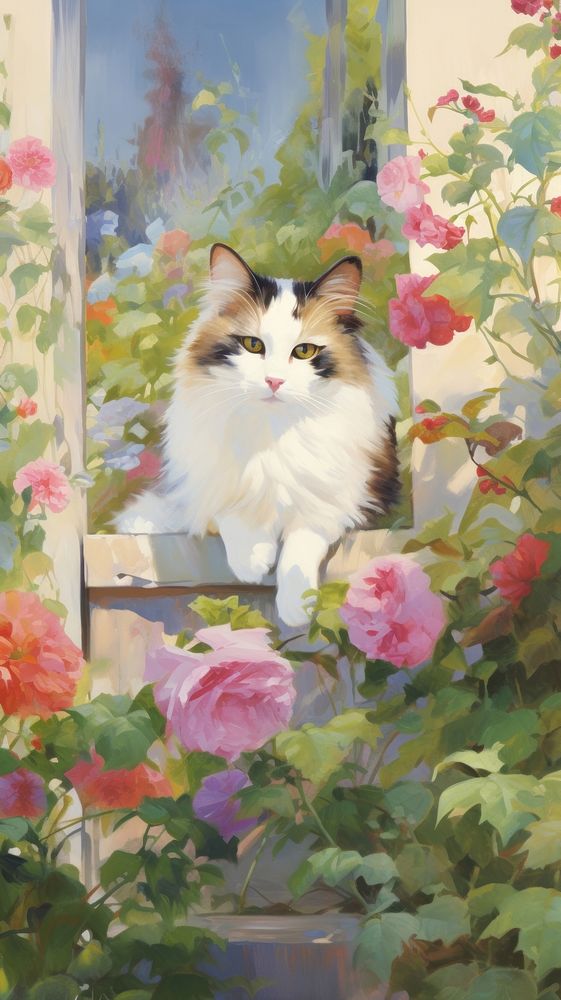 A cat in the garden painting geranium blossom.