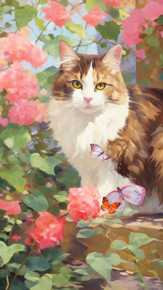 A cat with butterfly in the garden painting geranium outdoors.