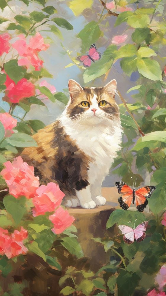 A cat with butterfly in the garden painting invertebrate geranium.