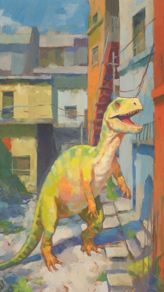 Dinosaur in the city painting reptile animal.