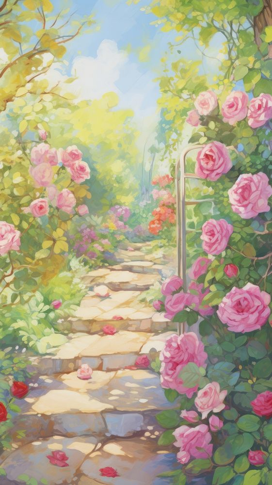 A rose garden painting outdoors walkway.
