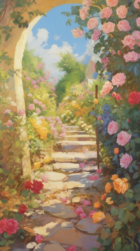 A rose garden painting architecture outdoors.