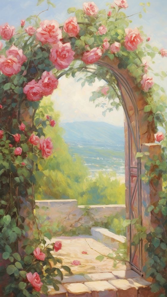 A rose arch in garde painting architecture outdoors.